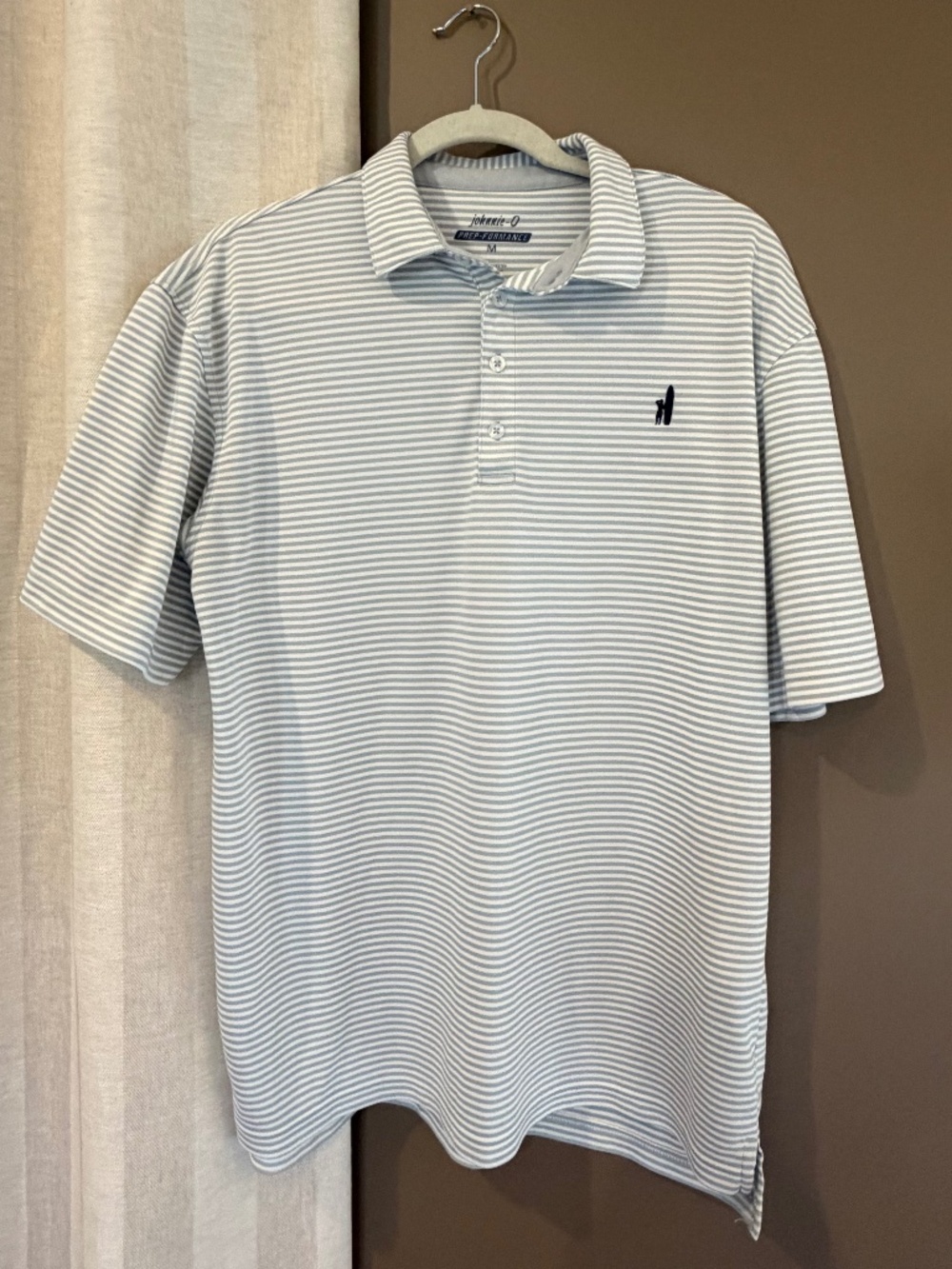 johnnie-O Men's Gray & White Striped Prep-formance Polo, Size Medium
